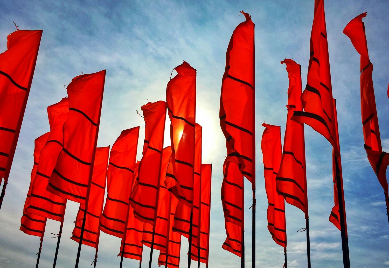 Viele rote Flaggen wehen vor einem blauen Himmel. 