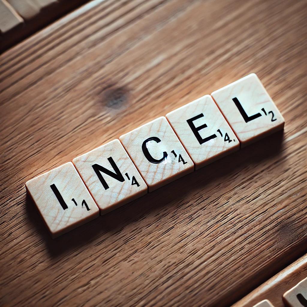 Scrabbel-Buchstaben Formen das Wort "Incel" auf einer Holzoberfläche.