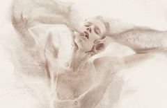 Abstraktes Kunstmotiv einer Person in sich auflösenden Formen. Das Gesicht wirkt im Moment zwischen Ekstase und Trance.