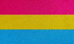 Pansexuelle Pride Flagge: Balken oben pink, Balken in der Mitte gelb, Balken unten Cyan.